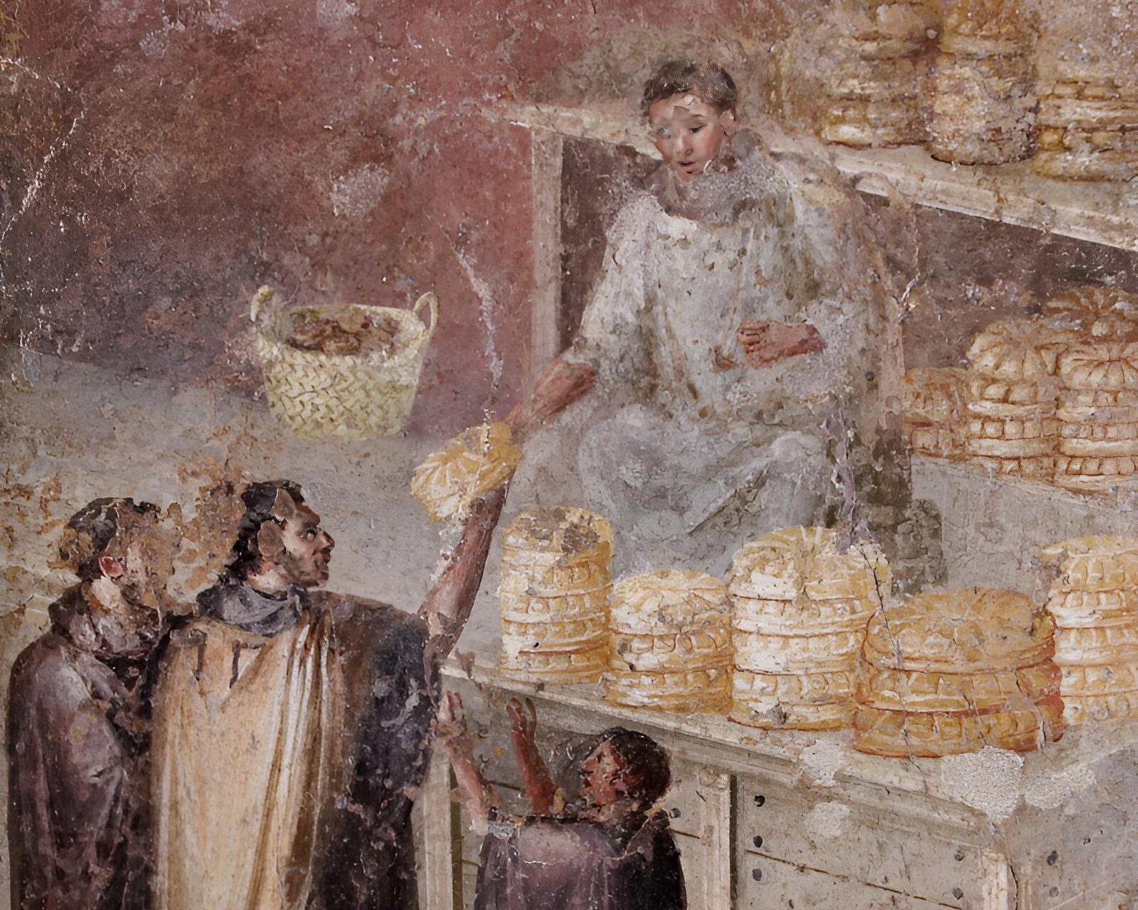 Roman fresco of a baker handing bread over a counter to customers