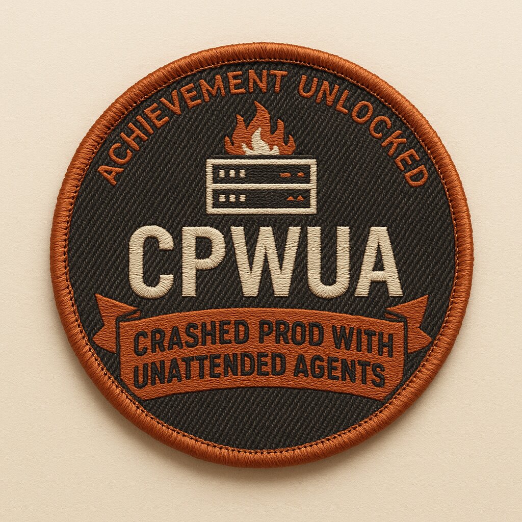 An embroidered round patch with a burning server rack, the letters CPWUA, a ribbon reading crashed prod with unattended agents, and the arc achievement unlocked