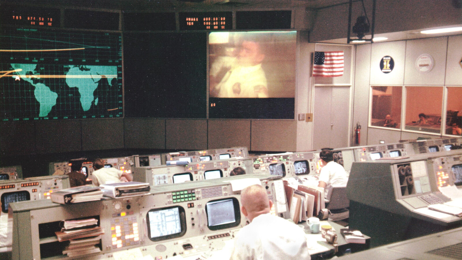 Mission Operations Control Room in Houston during Apollo 13, controllers at their consoles