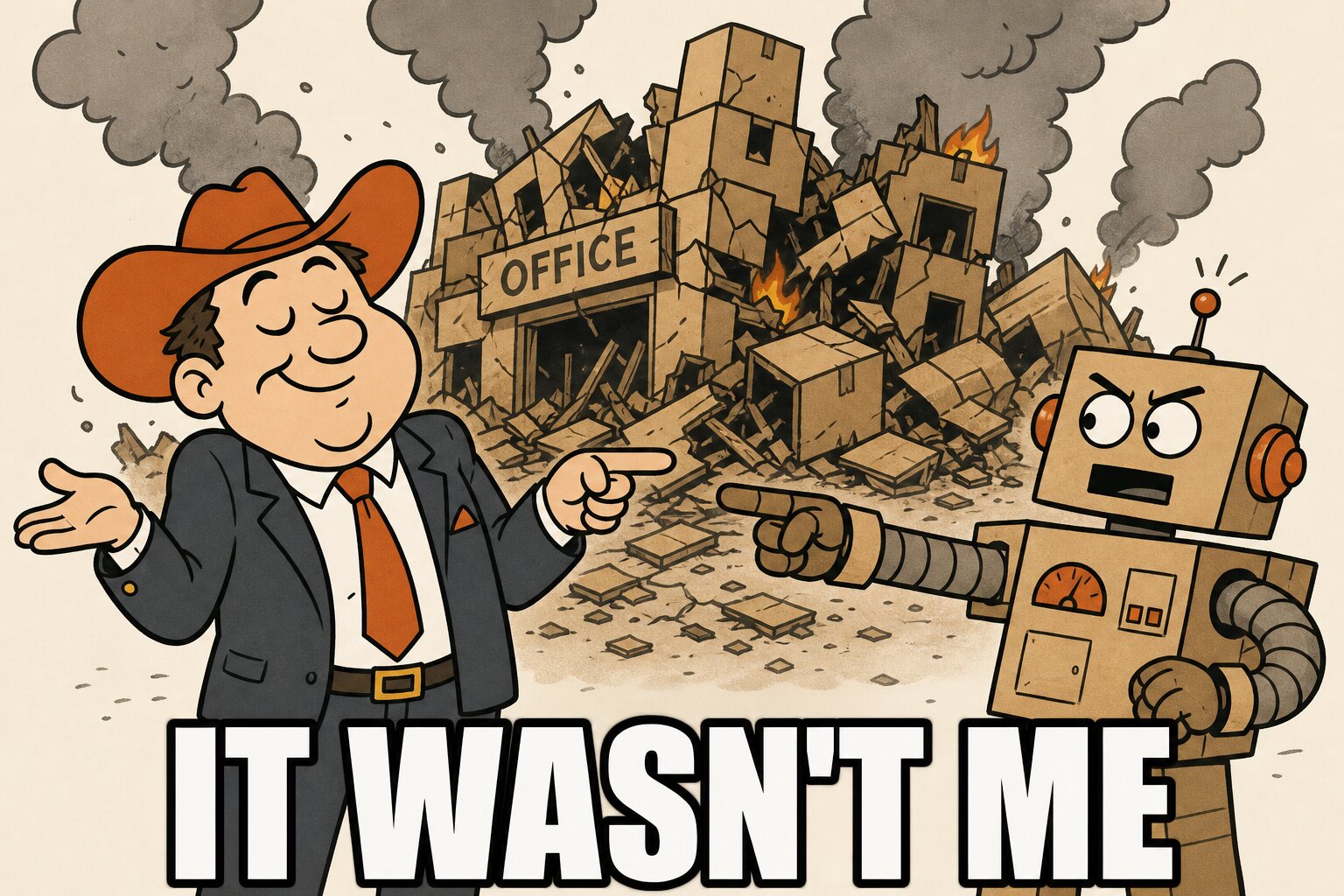 Cartoon: an AI CEO robot and a business owner in a cowboy hat point at each other in front of a collapsed, burning office. Caption: it was not me.